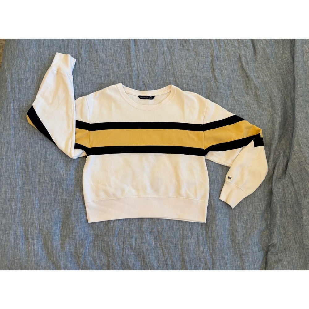 Abercrombie & Fitch College Striped Rugby Crew Sweatshirt White Yellow Black S